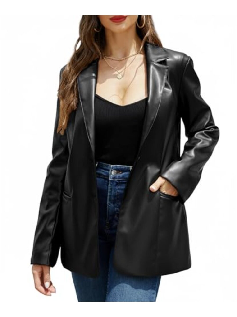 RISISSIDA Women's Faux Leather Blazer Jacket Soft PU Coat